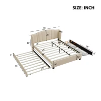 Upholstered Queen Platform Bed with Wingback Headboard and 2 Storage Drawers, Multi-Functional Bed Frame with Wood Slat, 86'' L x 65'' W x 43'' H, Beige(m-3)