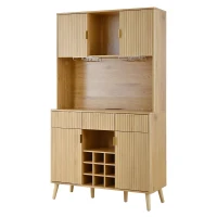 High Bar Cabinet with Smart LED Lighting (App & Music-Sync), Spacious Storage Cabinet with 9-Bottle Wine Rack, 42" L x 12" W x 72" H, Natural(m-15)