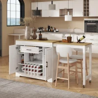 Expandable Bar Table with Adjustable Shelves and Rear Casters, Versatile Kitchen Counter with 2 Doors, 87.5″ L x 19.5″ W x 36″ H, White+Natural(m-1)