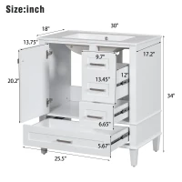 Modern Bathroom Vanity with Sink Combo, Solid Wood Frame, Cabinet with Soft-Close Door and 3 Drawers, 30" L x 18" W x 34" H, White(m-3)