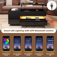 Height-Adjustable Coffee Table with App-Controlled RGB LED Lighting, Modern Center Table with Hidden Storage, 37.5" L x 19.5" W x 15.5" H, Black(m-7)