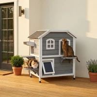 PawHut 2-story Cat House Outdoor, Weatherproof Wooden Cat Enclosure for Feral Cats with Escape Door, Openable Roof, Jumping Platforms, Gray(m-2)