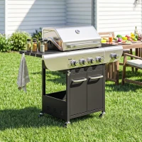 Outsunny 4 Burner Propane Gas Grill with Side Burner, 53,000 BTU BBQ Grill with Cast Iron Grates, Wheels, Warming Rack, Cabinet(m-9)