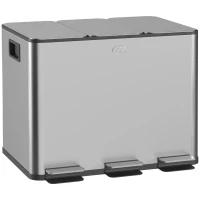 HOMCOM Triple Garbage Bin, Soft-Close Trash Can with Foot Pedal, 3 x 20 Liter Garbage Can with Removable Inner Buckets, Silver(m-11)