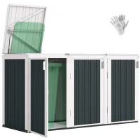 Outsunny Outdoor Storage Shed Rustproof Garbage Bin Shed with Gas Struts Magnetic Doors for 3 Bins White and Grey(m-11)