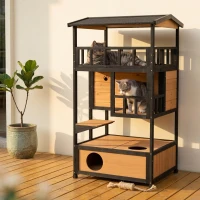 PawHut Wooden Outdoor Cat House, Feral Cat Shelter Kitten Condo with Asphalt Roof, Escape Doors, Condo, Jumping Platform, Yellow(m-2)