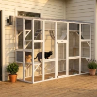 PawHut 118" Large Outdoor Catio Cat Enclosure with Condos, Bridges & Posts, White(m-10)