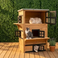 PawHut Outdoor Cat House, 3-Tier Kitty Shelter with 5 Escape Doors, Weather Resistant, Yellow & Black(m-2)