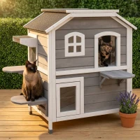 PawHut 2-story Cat House Outdoor, Weatherproof Wooden Cat Enclosure for Feral Cats with Escape Door, Openable Roof, Jumping Platforms, Gray(m-10)