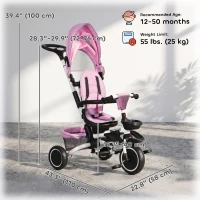 Aosom Tricycle for Toddler 6-in-1 Kids Trike, Foldable Converts Stroller to Baby Push Bike, Adjustable Backrest with Detachable Guardrail & Handle, Brake for 1-4 Years Old, Pink(m-3)
