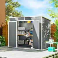 Outsunny 8' x 4' Plastic Outdoor Storage Shed with Floor, Window, Lockable Doors and Vents for Backyard Patio Lawn, Gray(m-2)