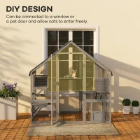 PawHut Wooden Catio Outdoor Cat Enclosure with Waterproof Cover, 2 Condos, 4 Platforms, Bridge, Doors, Gray(m-7)