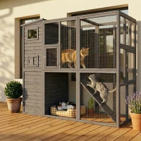PawHut Wooden Outdoor Catio with Platforms, Asphalt Roof, Ramps, Gray(m-10)