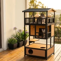 PawHut Wooden Outdoor Cat House, Feral Cat Shelter Kitten Condo with Asphalt Roof, Escape Doors, Condo, Jumping Platform, Yellow(m-10)