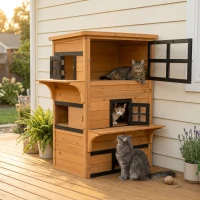 PawHut Outdoor Cat House, 3-Tier Kitty Shelter with 5 Escape Doors, Weather Resistant, Yellow & Black(m-10)