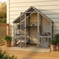 PawHut Wooden Catio Outdoor Cat Enclosure with Waterproof Cover, 2 Condos, 4 Platforms, Bridge, Doors, Gray(m-11)