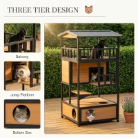 PawHut Wooden Outdoor Cat House, Feral Cat Shelter Kitten Condo with Asphalt Roof, Escape Doors, Condo, Jumping Platform, Yellow(m-4)