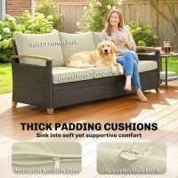 Outsunny 3 Seater Outdoor Couch Sofa, PE Wicker Patio Sofa, Wide Deep Seat, 4" Cushions, Wood-Effect Armrests Legs, Beige(m-4)