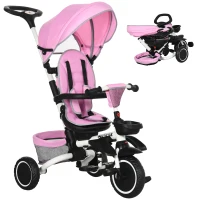 Aosom Tricycle for Toddler 6-in-1 Kids Trike, Foldable Converts Stroller to Baby Push Bike, Adjustable Backrest with Detachable Guardrail & Handle, Brake for 1-4 Years Old, Pink(m-2)