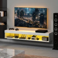 HOMCOM Modern Wall Mounted TV Stand with Storage and LED Lights for TVs up to 75", Floating TV Shelf for Living Room, White(m-10)