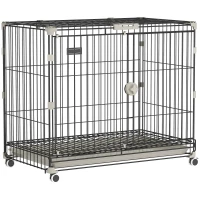 PawHut Dog Crate, 30 Inch Metal Dog Cage with Removable Tray, Lockable Wheels, 2 Doors for Small Medium Breeds, Black(m-11)
