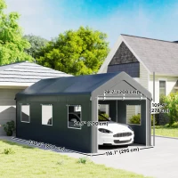Outsunny 10' x 20' Carport, Heavy Duty Portable Garage with 6 Mesh Windows and 2 Doors, Dark Grey(m-3)