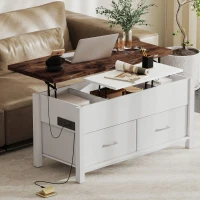 HOMCOM Lift Top Coffee Table, Center Table with 3 Hidden Compartments, 2 Fabric Drawers, Expandable Top and Charging Station(m-8)