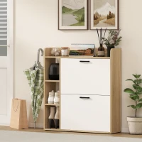 HOMCOM Shoe Cabinet with 2 Flip Drawers, 3 Side Compartments, Adjustable Shelves, 8-12 Pairs for Entryway Hallway, Natural(m-9)
