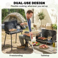Outsunny 2-in-1 Camping Stove & Gas Griddle Combo, 20,000 BTU Portable Propane Grill with Detachable Legs, Wind Guards, Black(m-5)