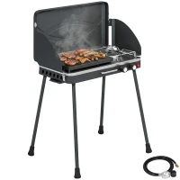 Outsunny 2-in-1 Camping Stove & Gas Griddle Combo, 20,000 BTU Portable Propane Grill with Detachable Legs, Wind Guards, Black(m-11)