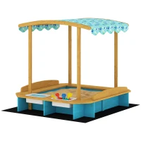 Qaba Wooden Sandbox with Dinosaur Print Canopy Kids Sandbox Outdoor with Bench Seats & 2 Storage Bins(m-1)