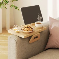 HOMCOM Couch Arm Tray, Clip-On Side Table with 360° Rotating Phone Holder and Removable Cup Holder, Natural(m-8)