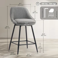 HOMCOM 26" Counter Height Barstools Set of 2, Upholstered Swivel Bar Stools with Backrests and Armrests, Dark Grey(m-3)