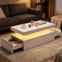 HOMCOM LED Coffee Table with Storage, 2-Tier Modern Center Table with 2 Drawers for Living Room, High Gloss White(m-9)