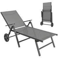 Outsunny Outdoor Lounge Chair, 5-Level Adjustable Folding Chaise Chair with 2 Wheels for Backyard, Beach, Poolside, Grey(m-11)