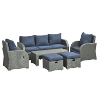 Outsunny Patio Furniture with Cushions, 6 Pieces PE Wicker Patio Sectional Furniture Conversation Set w/ a Three-Seat Sofa, 2 Recliner Chairs, 2 Footstools & Table, Dark Blue(m-2)