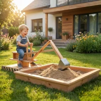 Qaba Wooden Sandbox with Digger, Kids Sandbox with 360° Rotating Seat & Bottom Liner, 72" x 35" x 22"(m-1)