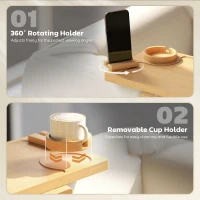 HOMCOM Couch Arm Tray, Clip-On Side Table with 360° Rotating Phone Holder and Removable Cup Holder, Natural(m-6)