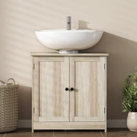 HOMCOM Bathroom Vanity, 24" Pedestal Sink Bathroom Vanity Furniture with 2 Doors and Shelf, Grey Wood Grain(m-6)