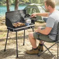 Outsunny 2-in-1 Camping Stove & Gas Griddle Combo, 20,000 BTU Portable Propane Grill with Detachable Legs, Wind Guards, Black(m-8)