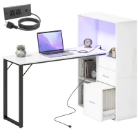HOMCOM 54" Computer Desk with Drawers, Home Office Desk with Storage, Power Outlets and LED Lights, White(m-11)