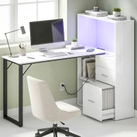 HOMCOM 54" Computer Desk with Drawers, Home Office Desk with Storage, Power Outlets and LED Lights, White(m-1)