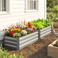 Outsunny Set of 2 Galvanized Raised Beds for Garden, Outdoor Planter Box for Flowers, Herbs and Vegetables, Light Grey(m-10)