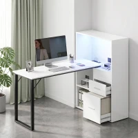 HOMCOM 54" Computer Desk with Drawers, Home Office Desk with Storage, Power Outlets and LED Lights, White(m-10)