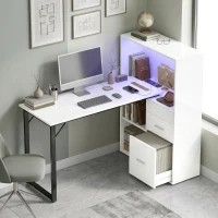 HOMCOM 54" Computer Desk with Drawers, Home Office Desk with Storage, Power Outlets and LED Lights, White(m-8)