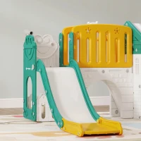 Qaba 7-in-1 Toddler Slide, Kids Slide Climber Playset with Playhouse and Basketball Hoop for 1-4 Years, Yellow(m-10)