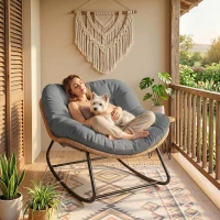 Outsunny Indoor Outdoor Papasan Rocking Chair, Oversized Rocking Egg Chair with Cushion for Garden, Patio, Grey(m-9)