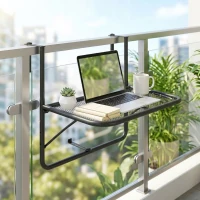 Outsunny Adjustable Balcony Hanging Railing Table, Metal Mounting Mini Wall Desk Storage Rack, Outdoor Flower Stand Serving Table Rectangle, Black(m-1)