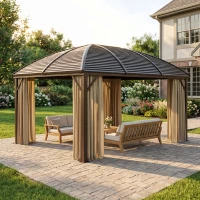 Outsunny 10' x 13' Hardtop Gazebo Aluminum Outdoor Canopy with Mesh Nettings, Curtains, Brown(m-10)