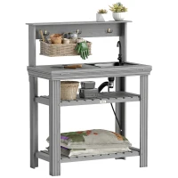 Outsunny Outdoor Potting Bench Table with Faucet, Removable Sink, Hooks and Storage Shelves, Wood Work Bench Workstation, Grey(m-2)